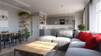 Fototapeta premium open space living room interior with kitchen dining room table and grey couch in entertainment center no logos no brands ar 169