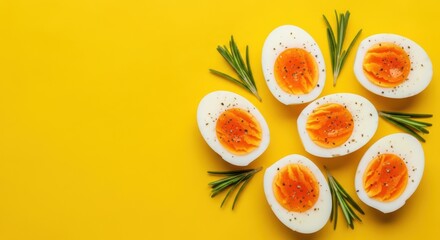 Top view of halved hardboiled eggs seasoned with pepper and rosemary sprigs arranged on a vibrant yellow background, a healthy proteinrich breakfast option