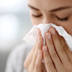 A woman uses a tissue to alleviate nasal congestion and runny nose caused by common cold or allergies.