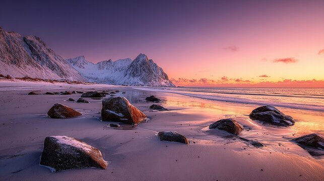 Vibrant sunset paints the sky over a mountain beach with snow, smooth sand, and scattered rocks by the shore.