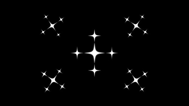 Twinkling light, star sparkle, retro blinking animation, glowing shiny starlight glitter, white cartoon doodle vector stars, with shimmering twinkle burst on a black background video animation. 4K