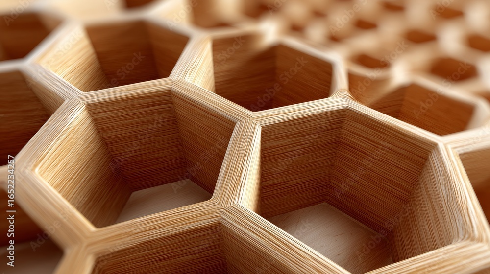 Poster a detailed close-up view of a wooden hexagonal honeycomb structure showcasing its natural texture an