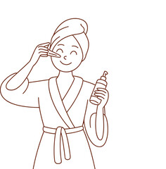 Woman in bathrobe applying skincare, towel wrapped head, beauty routine, facial care, self-care moment, cosmetic bottle, line art illustration