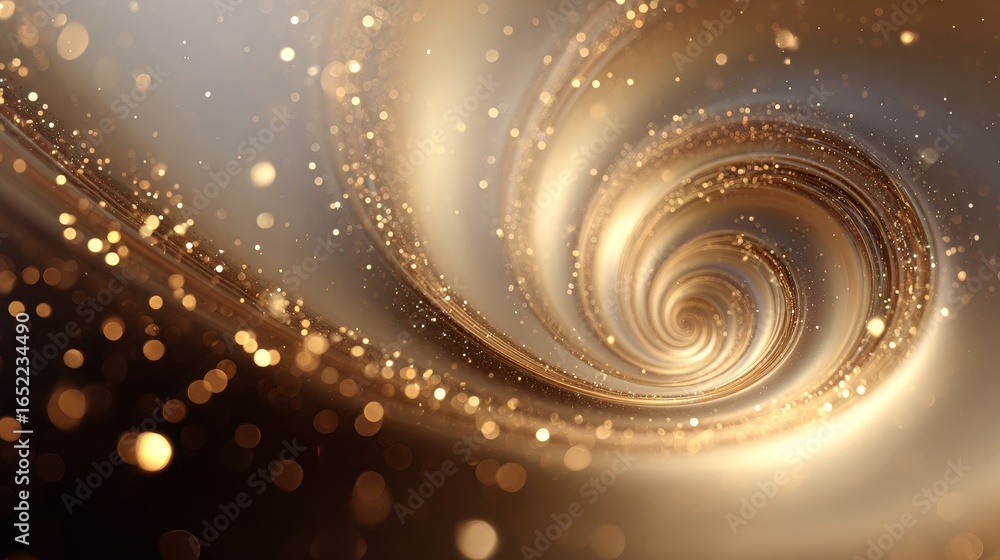 Poster an abstract golden spiral background with shimmering particles and dynamic light effects creating a 