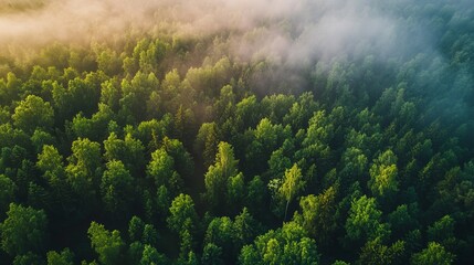 High-angle view of dense forest shrouded in morning mist