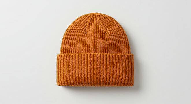 Beanie Mockup - skully blank mock up orange knitted wool cap isolated on light background, ideal for apparel branding and fashion mockup design