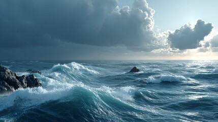 Fototapeta premium Dynamic ocean waves crash against rocky shoreline under a cloudy sky, showcasing nature's raw power and turbulent energy.