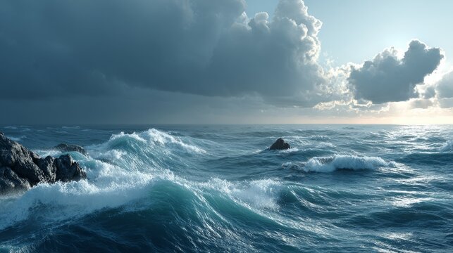 Dynamic ocean waves crash against rocky shoreline under a cloudy sky, showcasing nature's raw power and turbulent energy. - Powered by Adobe