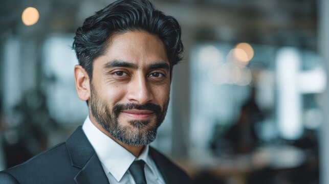 happy smiling bearded indian business man small business owner company leader or sales manager male hispanic ceo executive successful lawyer looking at camera standing in office headshot portrait no 