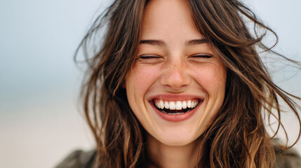 Young woman laughter levity joy happiness smile cheerful face closeup natural beauty