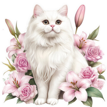 A white cat sitting among pink flowers and leaves, isolated on transparent background