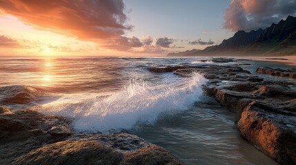 A golden sunset illuminates waves crashing on a rocky shoreline, with clouds painted orange and blue above the ocean horizon.
