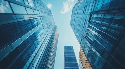 Low-angle view of modern skyscrapers against a partly cloudy sky (3)