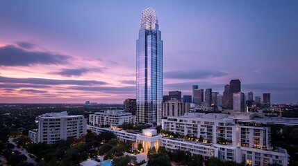 Stunning view of Williams Tower in Houston's Galleria area, showcasing modern architecture and the city  at dusk.