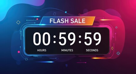 Dynamic flash sale countdown timer with vibrant neon lights and digital display for urgent shopping.