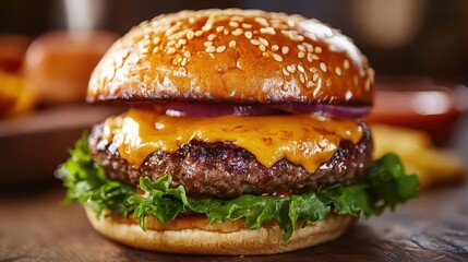 A close up of a cheeseburger with lettuce and red onions