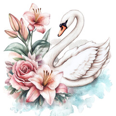 Obraz premium Graceful white swan adorned with soft pink flowers and lush greenery, isolated on transparent background