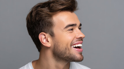 Fototapeta premium Young man smiling with levity and laughter showing happiness and joy in casual style
