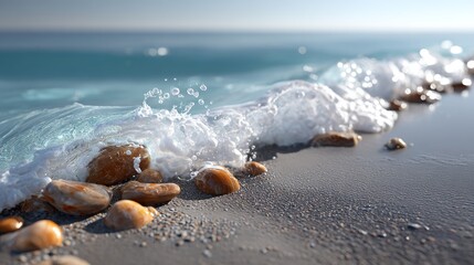 Gentle ocean waves break on a pebbly beach, with clear blue water and white foam creating a serene coastal scene.