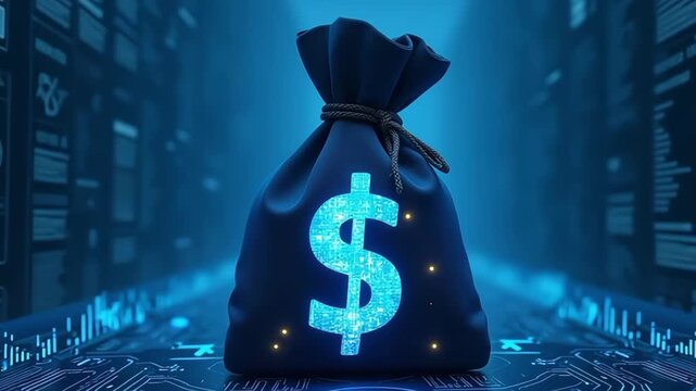 Futuristic money bag on a circuit board with digital dollar sign and network background