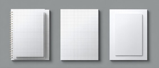 Three blank grid notebooks or journals on a gray background