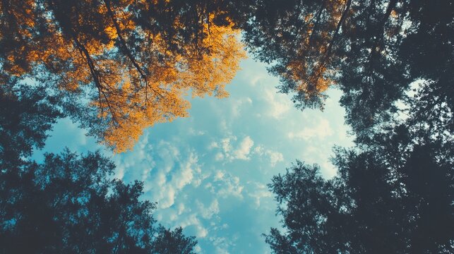 Looking up at autumn trees and sky