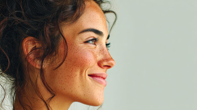 Young woman smile levity laughter happy face with freckles and curly hair in natural light