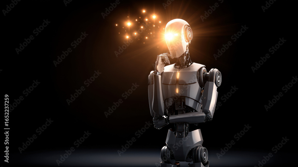 Aufkleber pensive robot on a black background with backlight. artificial intelligence, futuristic digital tech
