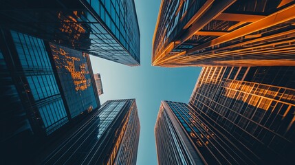 Low-angle view of modern skyscrapers reaching for a clear blue sky