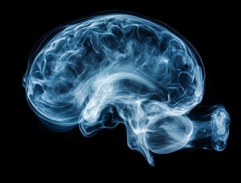 Abstract 3D Model of a Human Brain with Glowing Blue Neural Network Connections on a Dark Background