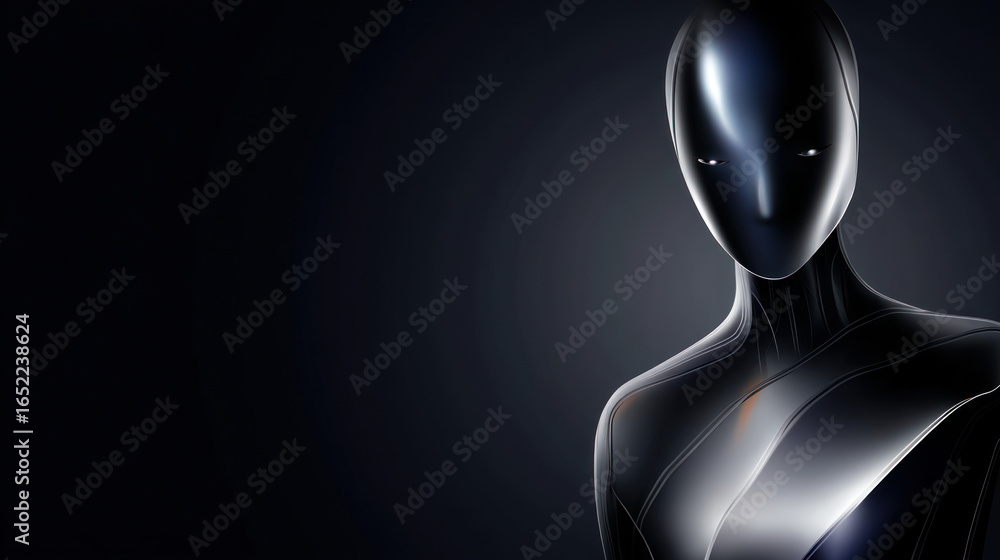 Poster minimalist design of a modern robot with advanced sensors and a smooth, metallic finish, dark backgr