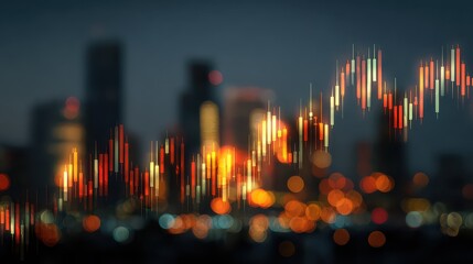 creative glowing big data forex candlestick chart on blurry city background trade technology investment and analysis concept double exposure no logos no brands ar 169