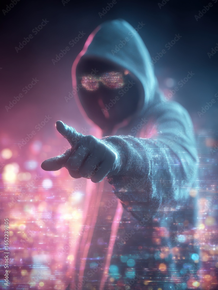 Poster hacker in hoodie with glowing glasses points finger surrounded by colorful lights atmosphere is myst