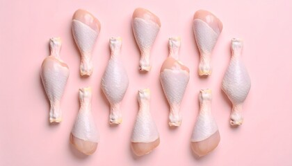 Fototapeta premium Raw chicken drumsticks arranged on a soft pink background, top-down view