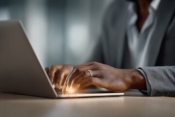 Focused executive typing on a sleek laptop, highlighting productivity and modern professionalism in a dynamic workspace.