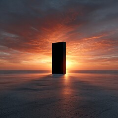 A mysterious black monolith stands in an open field during sunset, with vibrant orange clouds and a reflective surface on the ground.