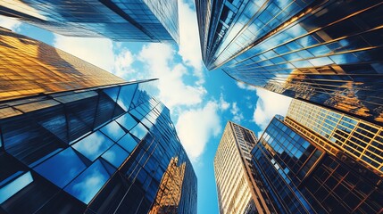 Low angle view of modern skyscrapers against a partly cloudy sky