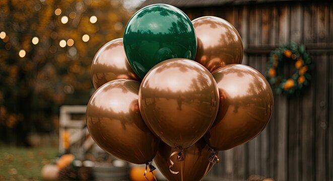 Festive Bunch of Metallic Balloons in Autumnal Setting.