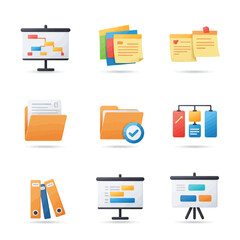 Collection of nine vector icons representing presentations, files, folders, and sticky notes in a clean, modern style.