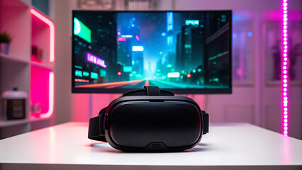 VR Headset with Futuristic Neon Cityscape – Immersive Gaming and Virtual Reality Technology Setup”