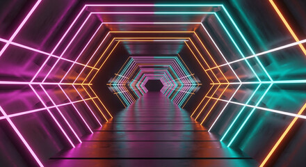 Abstract Neon Tunnel / Corridor with Glowing Color Lines.