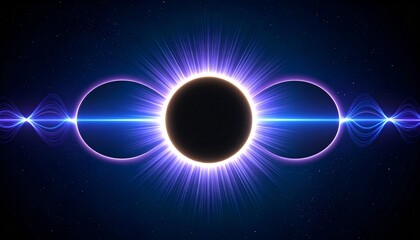 Stylized eclipse illustration with glowing rings, radiating energy waves in an abstract pattern