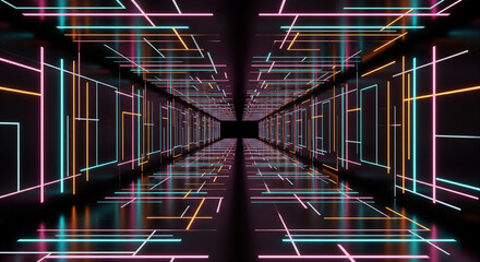Abstract Neon Tunnel / Corridor with Glowing Color Lines.