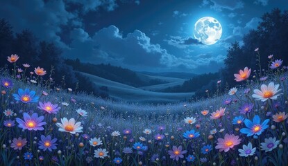 A field of flowers under a full moon with hills and trees in the background on a cloudy night sky