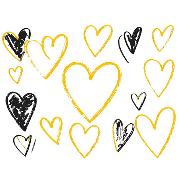 Naklejki Black crayon hand drawn hearts set. Childish doodled heart collection. Grunge rough brush stroke romance love element pack for collage, poster, sticker. Sketched wax pencil symbols. Vector
