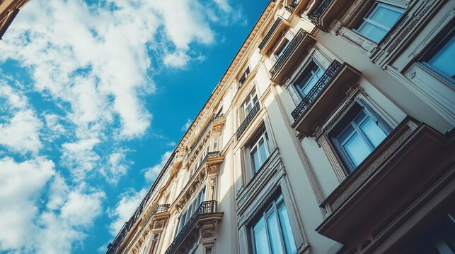 Low-angle view of a light beige building facade, featuring ornate details and balconies, against a vibrant blue sky dotted with fluffy white clouds