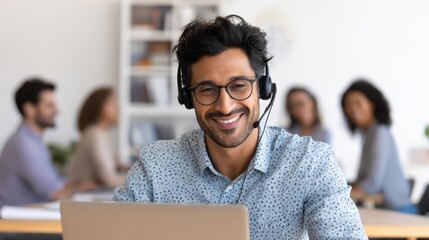 indian business man wearing headset having virtual team meeting on video conference call using laptop work from home office talking to diverse people group in remote team zoom online distance chat no