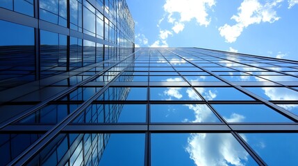 Low-angle view of a modern skyscraper's glass facade reflecting a partly cloudy sky