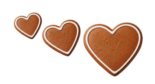 Three gingerbread heart cookies in different sizes with white icing, isolated on white and transparent background for holiday and food concepts - Powered by Adobe