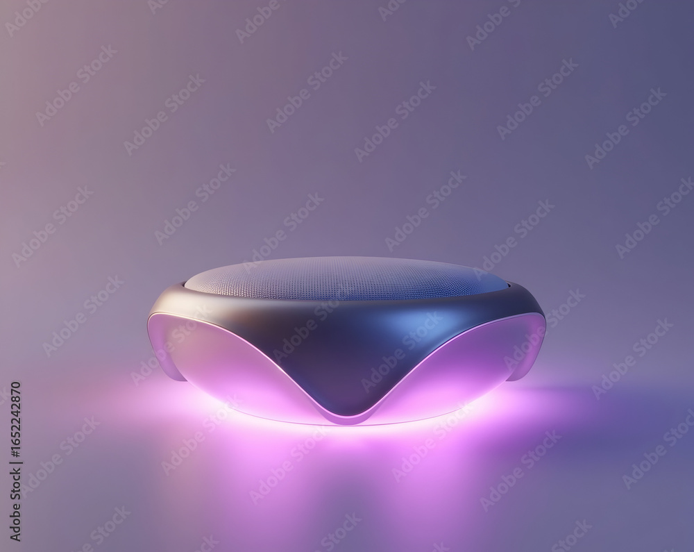 Poster sleek compact ai assistant device mockup with curving lines and ambient light display